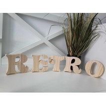 Lettres en bois formant le mot "Retro" posées devant une plante.