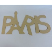 Découpe en bois du nom de la ville "Paris". Le A représente la tour Eiffel.