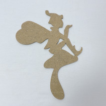 Forme représentant une fée assise sur un champignon découpée en bois.