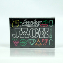 Recto de la boîte du jeu de carte Lucky Jack: boite noire avec les symboles de la machine à sous.